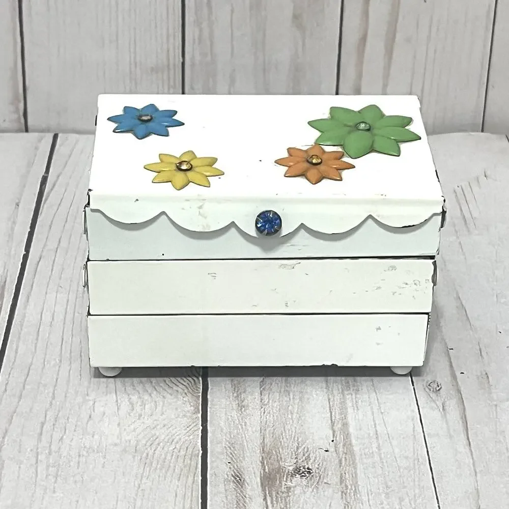 Mod 1960s Vintage Japan Metal Daisy Accordion Jewelry Box Whimsy